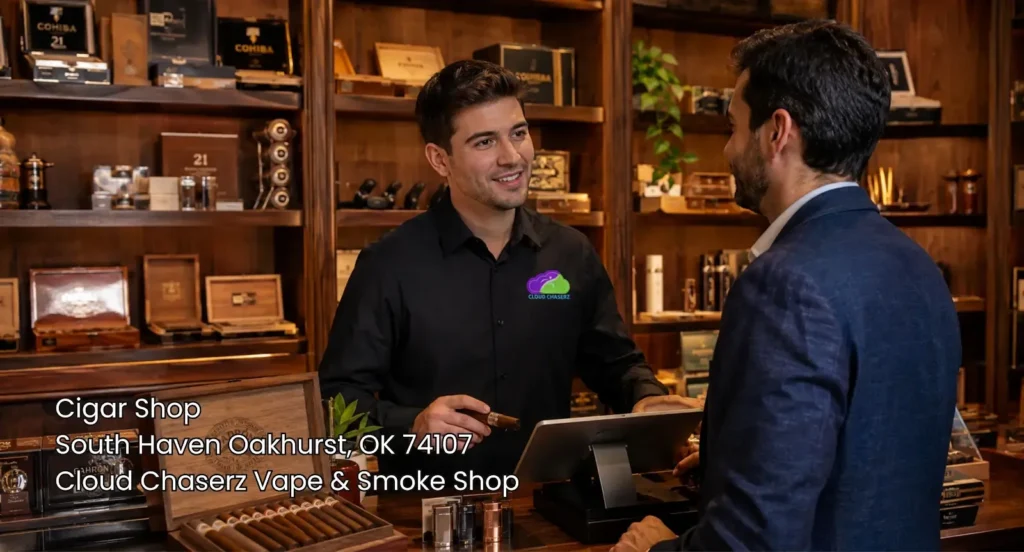 Customer purchasing premium cigars at the register inside Cloud Chaserz, the best cigar shop Sapulpa has around. 