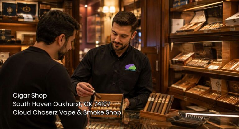 A tobacconist showcasing curated premium cigars in the walk-in humidor at Cloud Chaserz cigar shop Sapulpa.