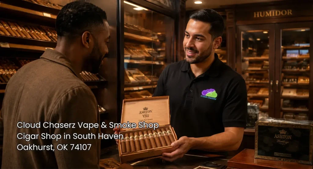Friendly tobacconist presenting an Ashton cigar box inside Cloud Chaserz, a premier cigar shop Sapulpa destination. 