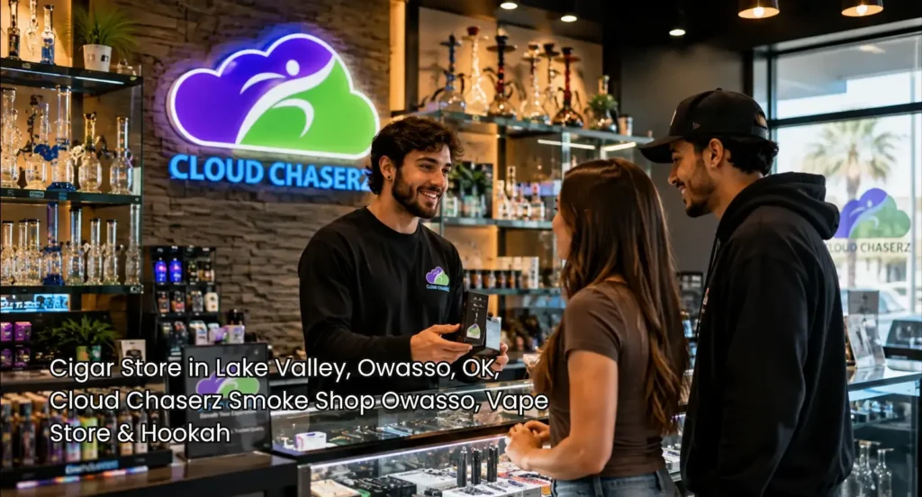 Staff assists shoppers at a cigar store Owasso location with glass displays, premium accessories, and Cloud Chaserz branding.
