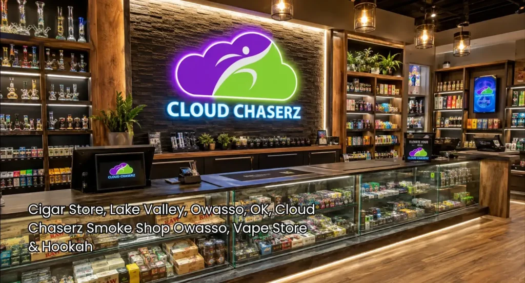 Cigar store Owasso interior with Cloud Chaserz branding, organized glass cases, premium accessories, and modern displays.