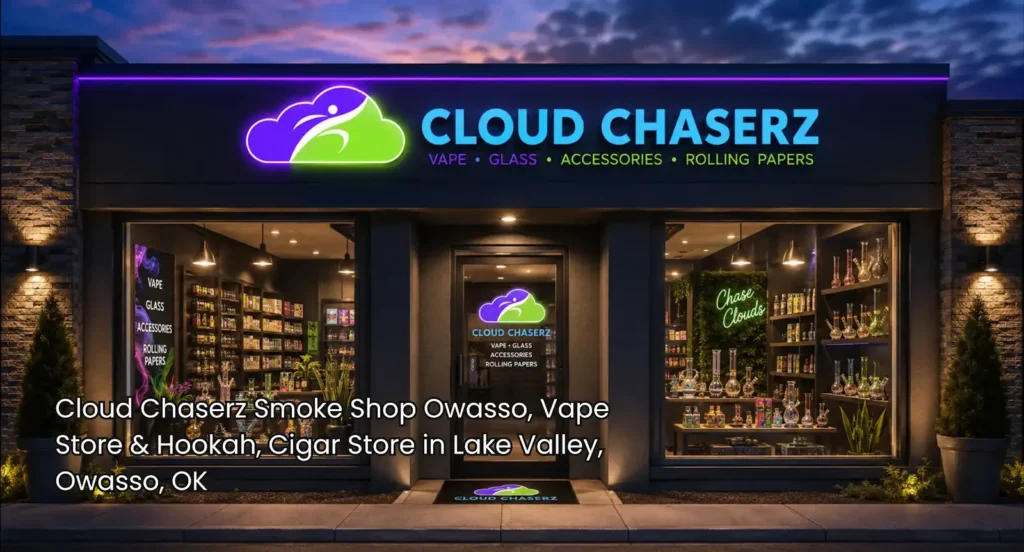 Cigar store Owasso storefront at dusk with Cloud Chaserz signage, large windows, glass accessories, and welcoming displays.