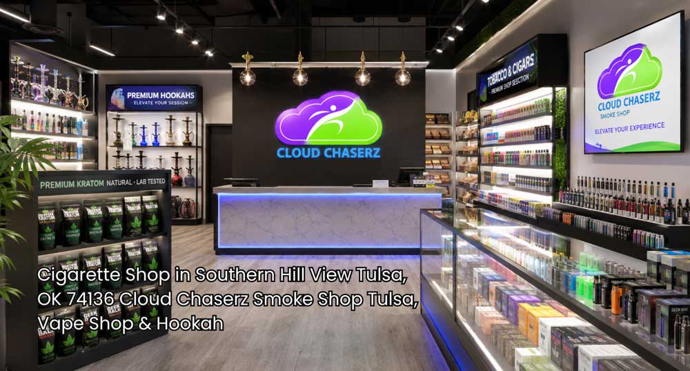 Cigarette shop Tulsa showroom with Cloud Chaserz branding, tobacco, cigars, vape products, hookahs, and bright displays.