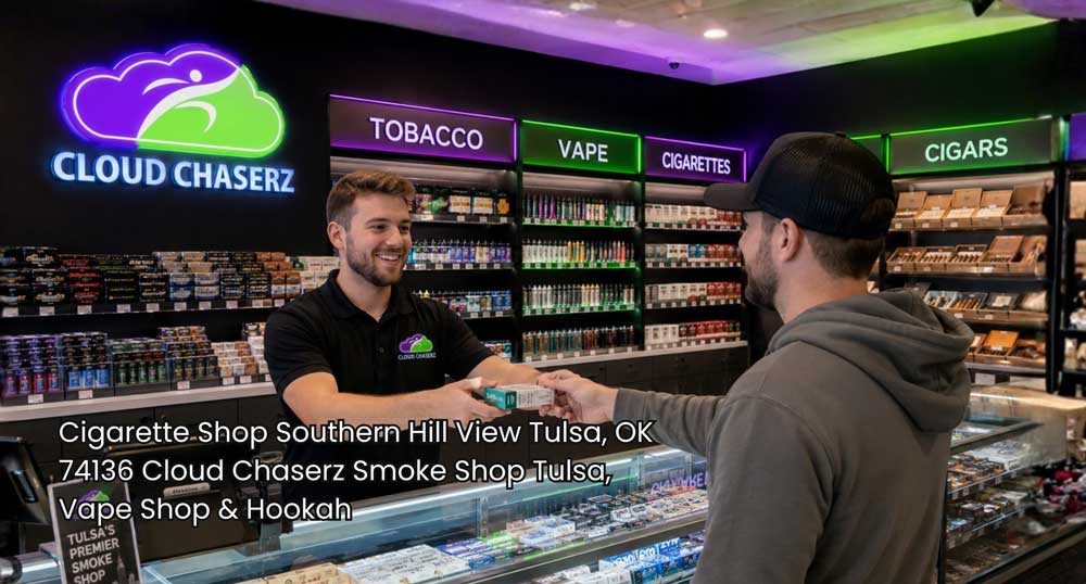 Customer buying tobacco at a cigarette shop Tulsa counter while a Cloud Chaserz employee assists inside a modern smoke shop.