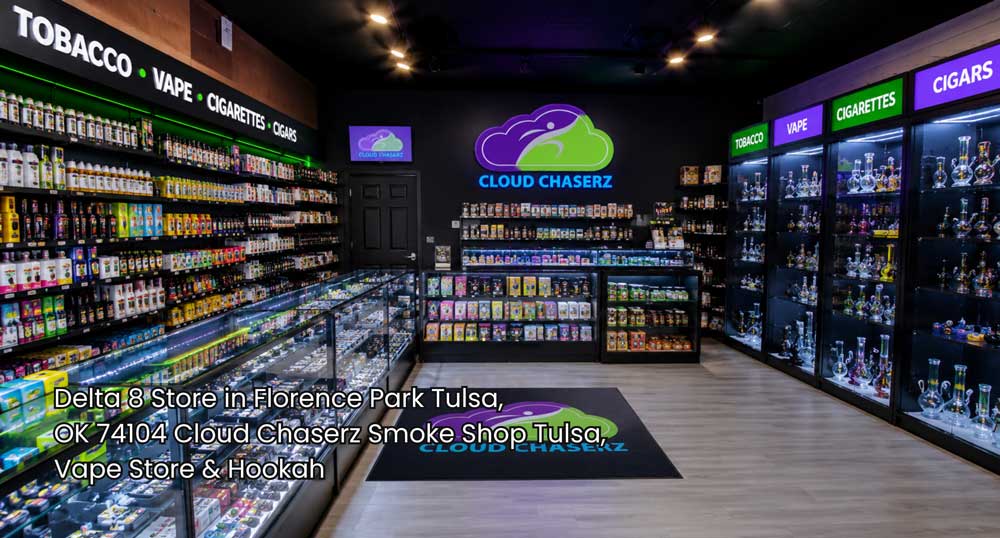 Delta 8 store Tulsa interior with bright product displays, glass cases, and Cloud Chaserz branding in a clean retail space.