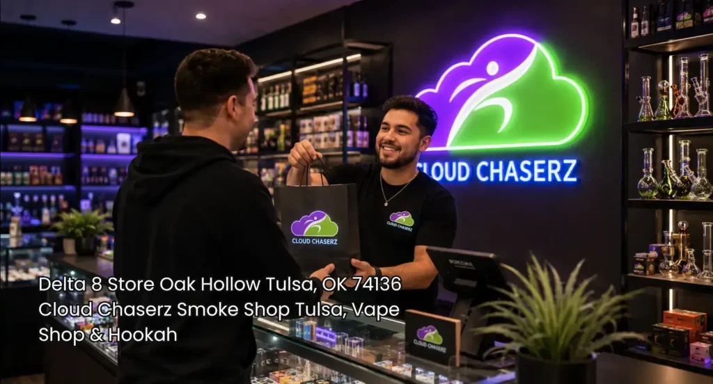 Customer receives a purchase from a friendly employee inside a modern Cloud Chaserz delta 8 store Tulsa retail shop.