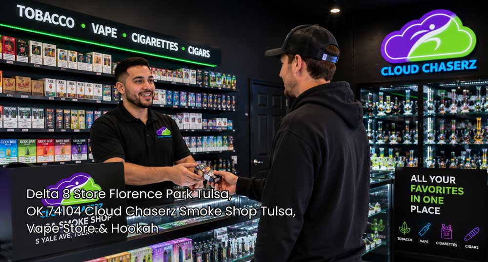 Delta 8 store Tulsa staff member shows a vape product to a customer inside a modern Cloud Chaserz smoke shop in Tulsa.
