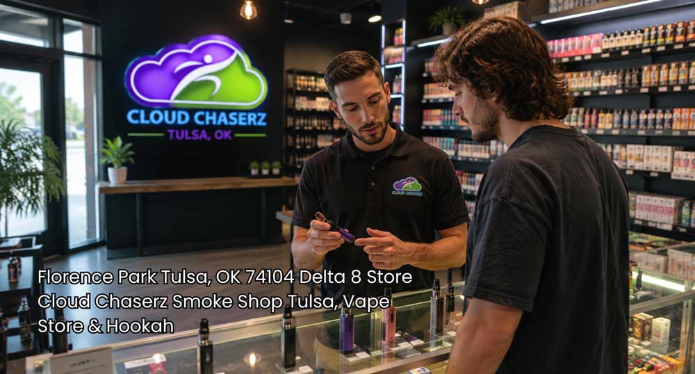 Delta 8 store Tulsa staff member shows a vape product to a customer inside a modern Cloud Chaserz smoke shop in Tulsa.