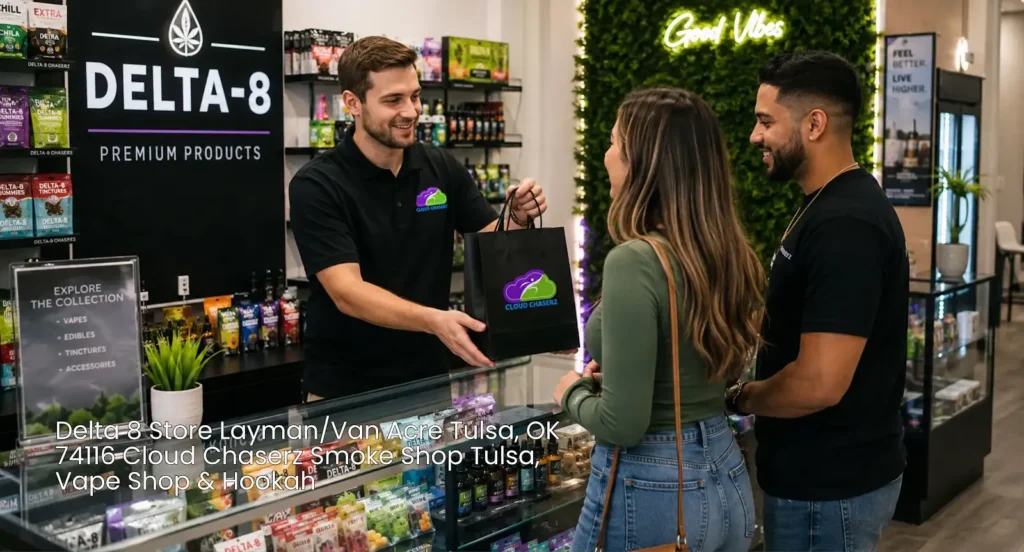 Friendly staff handing shopping bag to happy customers at Cloud Chaserz delta 8 store tulsa smoke shop.