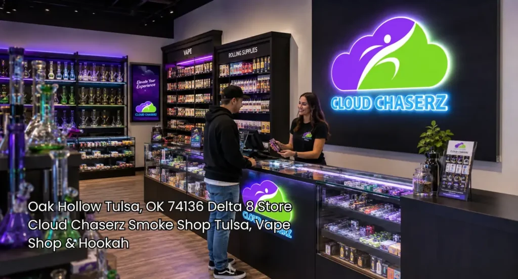 Employee assists a customer at the counter inside a clean, neon-lit Cloud Chaserz delta 8 store Tulsa location. 