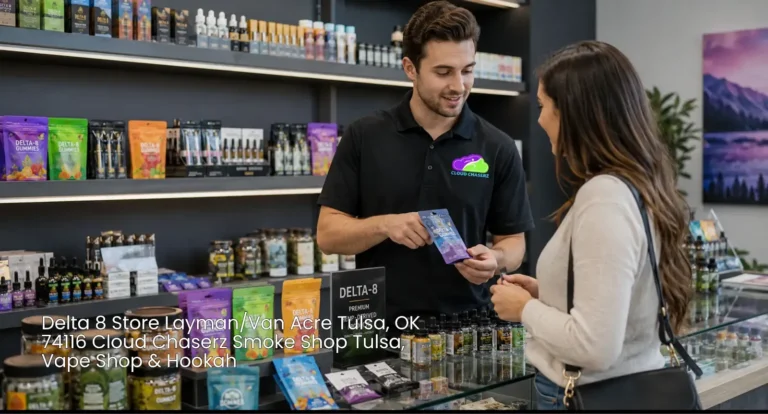 Shop clerk assisting customer over display counter at Cloud Chaserz delta 8 store tulsa smoke and vape shop.