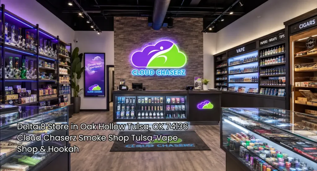 Modern Cloud Chaserz interior with organized glass displays and branded lighting at a professional delta 8 store Tulsa. 
