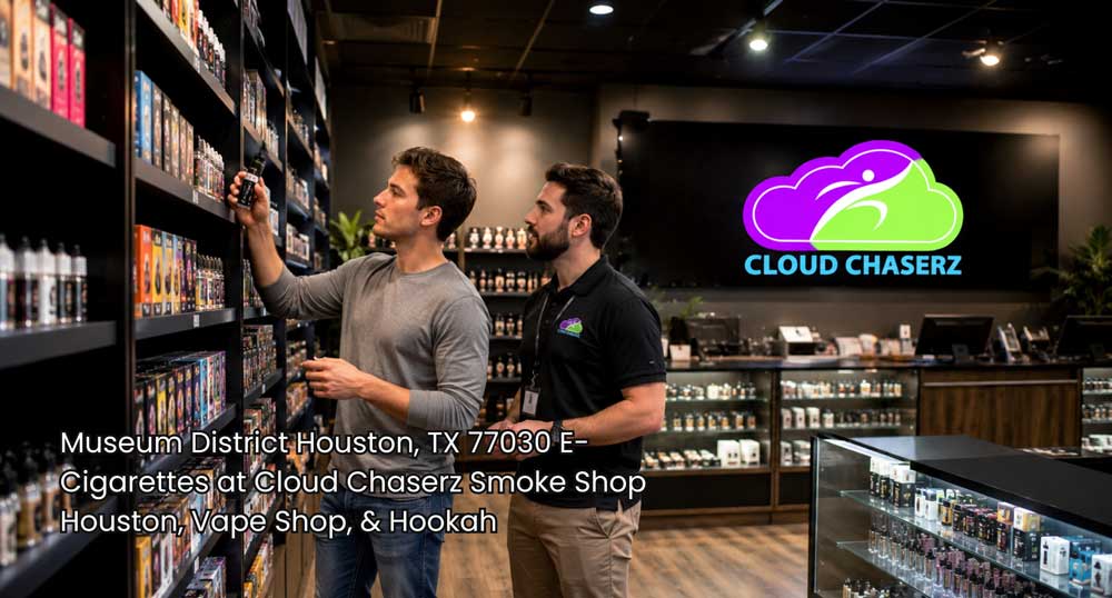 e-cigarettes Houston shopper compares vape products with a Cloud Chaserz employee inside a modern retail smoke shop,