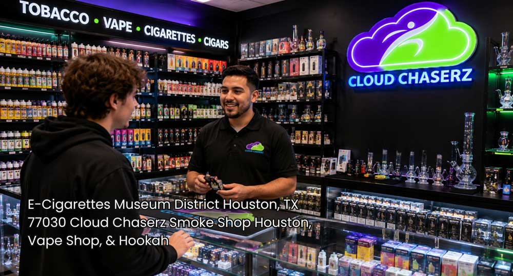 e-cigarettes Houston customer gets product guidance from a Cloud Chaserz employee in a well-stocked vape shop.