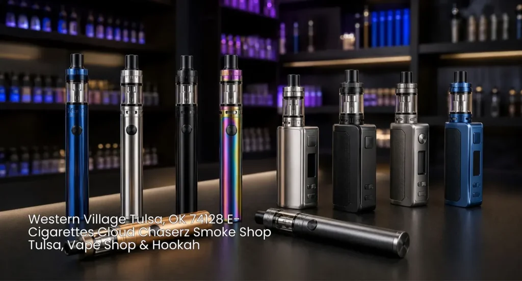 Colorful vape box mods and pen kits lined up on display counter for premium e-cigarettes Tulsa Cloud Chaserz shop. 