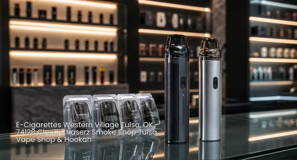 Sleek vape pens standing next to pod refills at Cloud Chaserz vape shop showcasing quality e-cigarettes Tulsa OK.