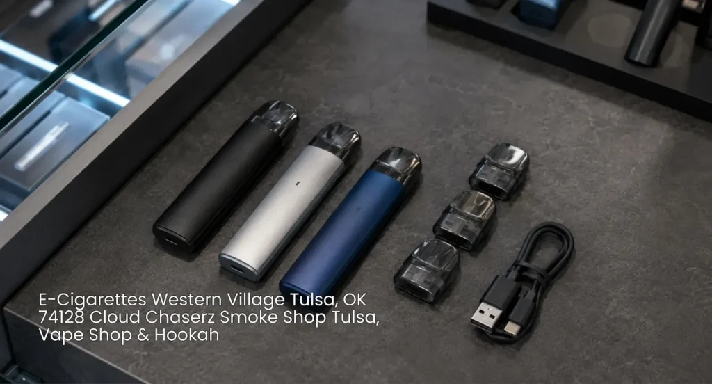 Sleek vape pod devices lying flat on display table with charging cable for top e-cigarettes Tulsa Cloud Chaserz.