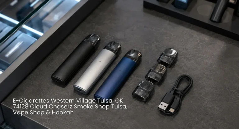 Sleek vape pod devices lying flat on display table with charging cable for top e-cigarettes Tulsa Cloud Chaserz.