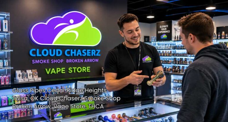 Cloud Chaserz employee shows a hand pipe to a shopper, featuring glass pipes Broken Arrow customers can compare in store.