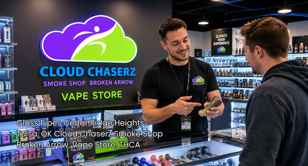 Cloud Chaserz employee shows a hand pipe to a shopper, featuring glass pipes Broken Arrow customers can compare in store.