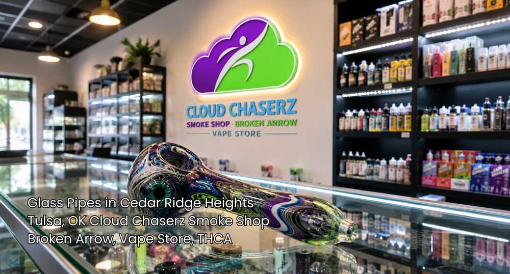 Colorful hand pipe displayed inside Cloud Chaserz, highlighting glass pipes Broken Arrow customers can browse in the shop.