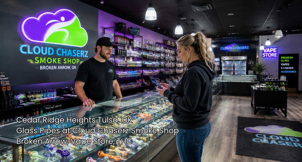 Customer browses colorful glass pieces with staff at Cloud Chaserz, featuring glass pipes Broken Arrow shoppers can explore.