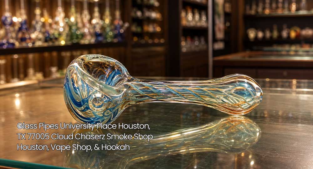 Swirling blue and gold glass pipe resting on a glass display counter at Cloud Chaserz shop for glass pipes Houston.