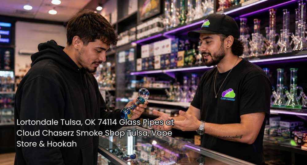 Customer examines colorful glass pipes Tulsa shoppers can browse inside a modern Cloud Chaserz shop with staff assistance.