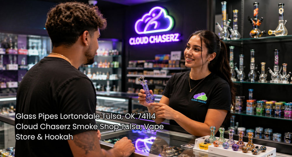 Employee presents a purple glass pipe to a customer at Cloud Chaserz, showcasing glass pipes Tulsa shoppers can compare.