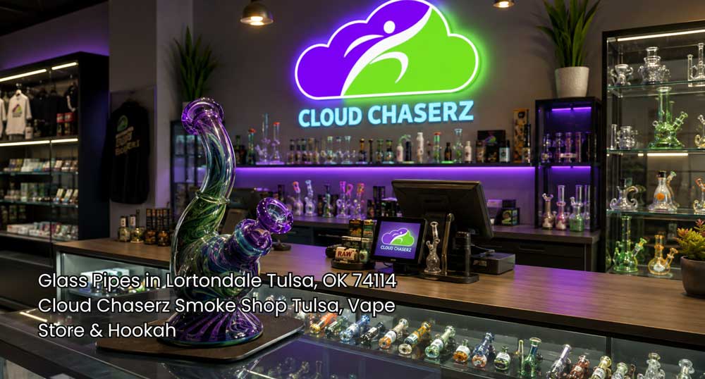 Colorful glass pipes Tulsa display inside a clean Cloud Chaserz smoke shop with illuminated shelves and branded counter area.