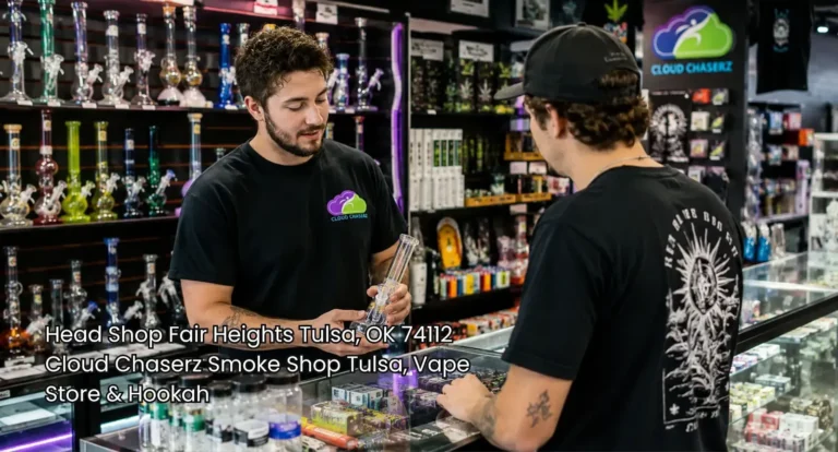 Store associate demonstrating a clear glass bong to a shopper inside Cloud Chaserz head shop Tulsa in Fair Heights.