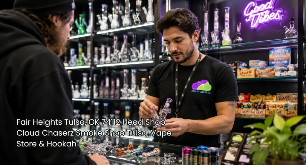 Clerk inspecting a mini glass rig for a customer counter-side at Cloud Chaserz head shop Tulsa in Fair Heights OK. 