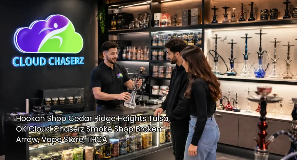 Employee assists two shoppers with hookah products at a modern hookah shop Broken Arrow featuring organized glass displays.