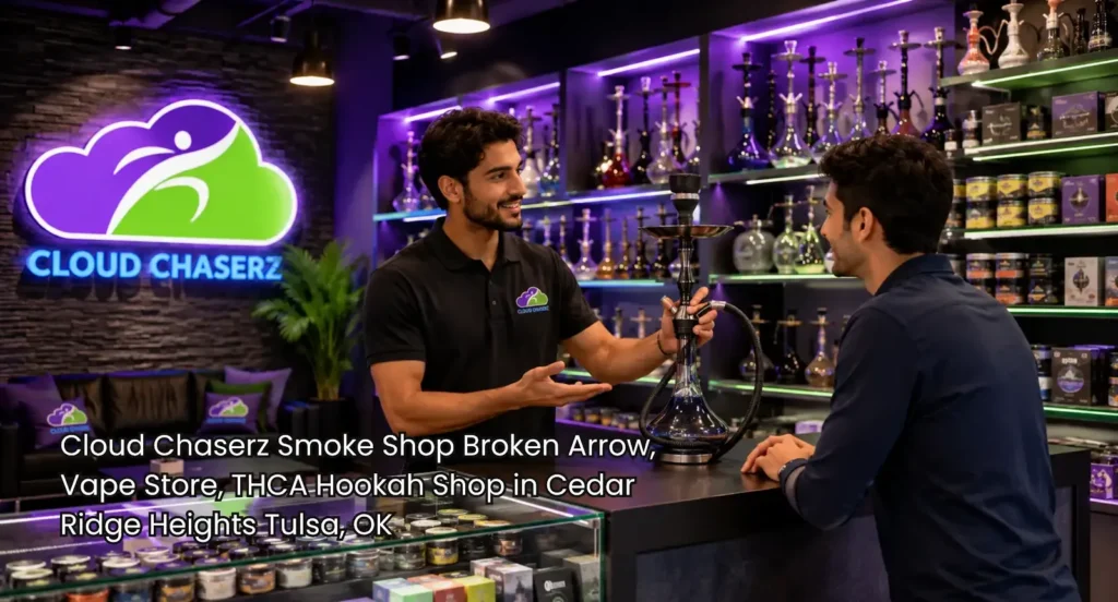 Employee explains a premium hookah to a customer inside a modern hookah shop Broken Arrow with illuminated product displays.