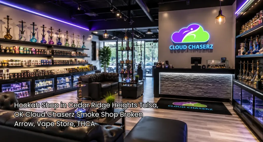 Stylish hookah shop Broken Arrow interior with colorful hookahs, clean lounge seating, bright shelves, and branded counter. 