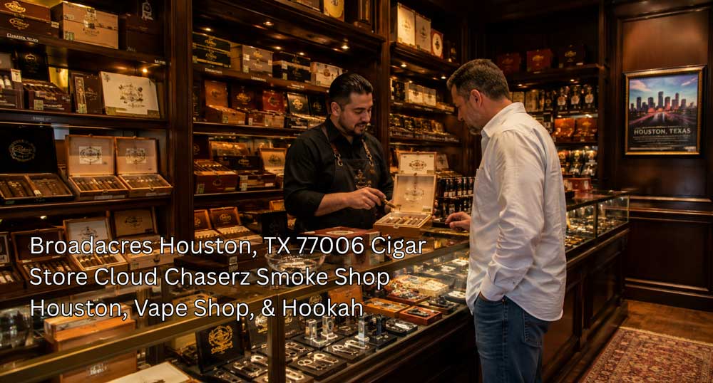 Tobacconist assisting a customer with premium tobacco selection over the counter at a cigar store Houston location.