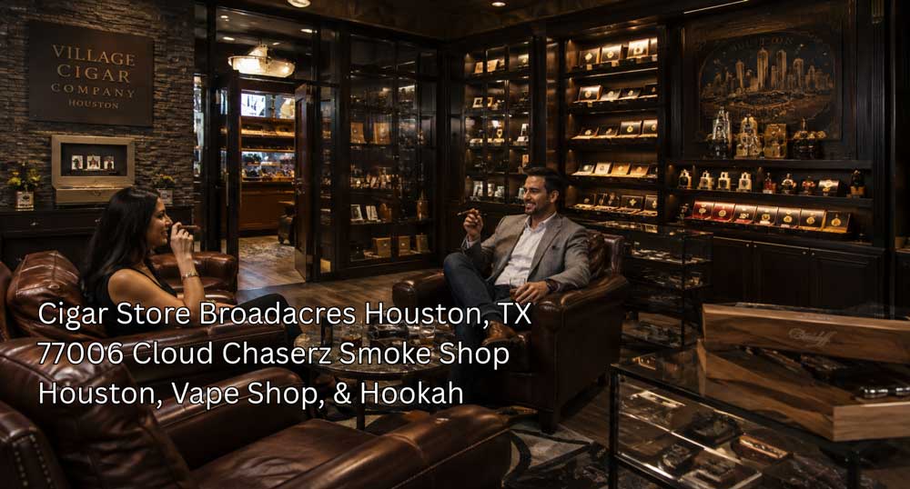 Man and woman relaxing on leather armchairs while smoking inside a upscale cigar store Houston lounge.