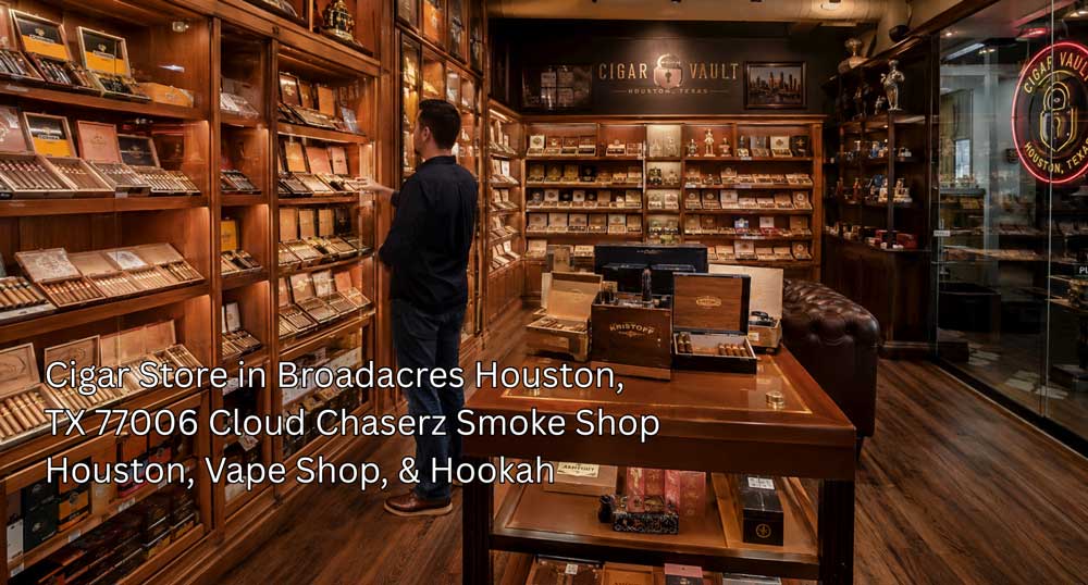 Customer selecting premium wooden boxes from full display shelves inside a luxury cigar store Houston humidor.