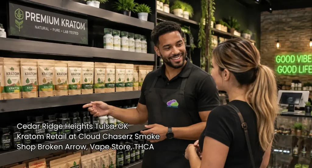 Smiling employee pointing to organized shelves of herbal products at our top kratom retail shop in Broken Arrow.