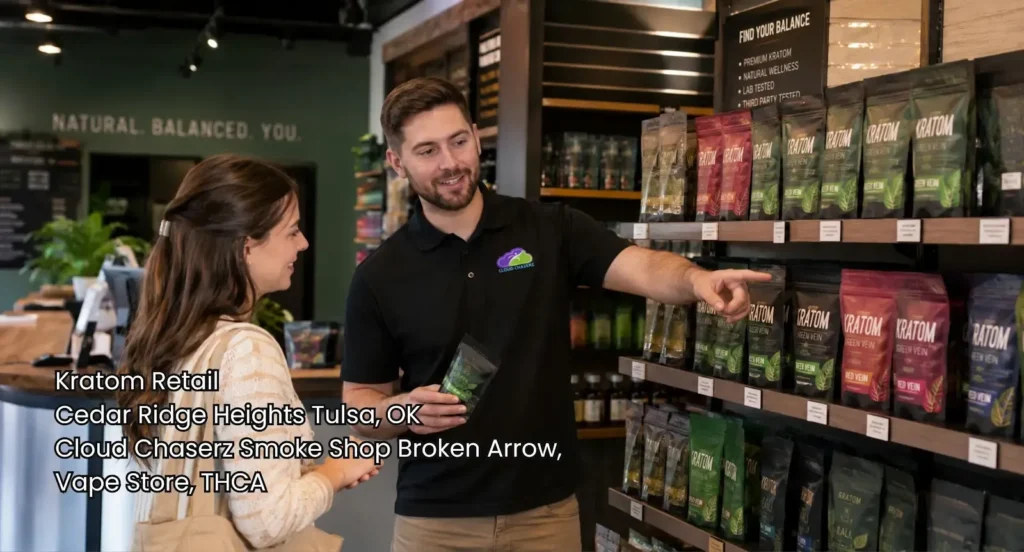 Store associate guiding a customer through various packaged products at a modern kratom retail spot in Broken Arrow.