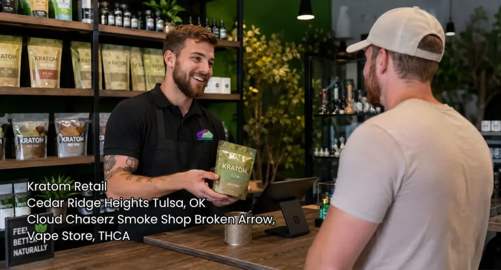 Friendly store manager handing premium packaged products to a customer at a kratom retail store in Broken Arrow. 