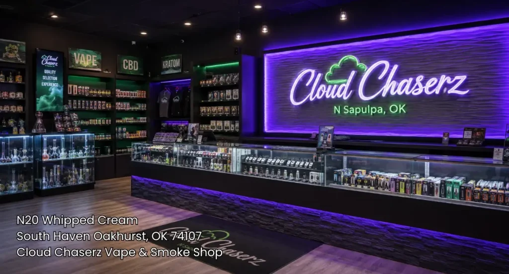 Sleek illuminated counter and product display cases inside a full service cigarette shop tulsa area locals prefer. 
