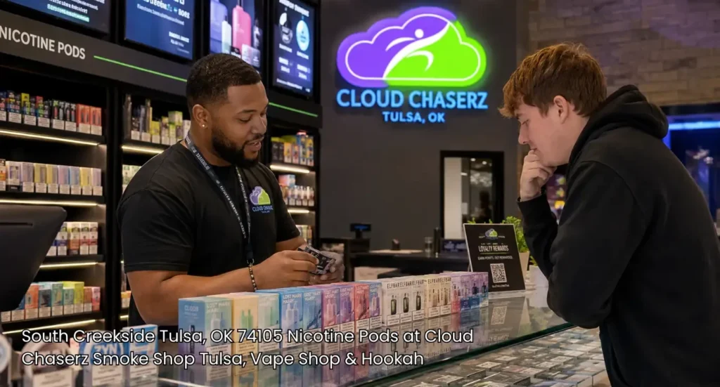 Friendly staff helping a customer compare popular brands of nicotine pods Tulsa locals buy at the main counter. 