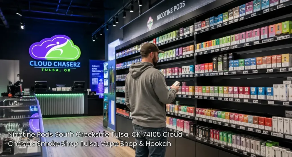 Customer inspecting wall shelf displays inside a modern cigarette shop tulsa residents visit for vape items. 