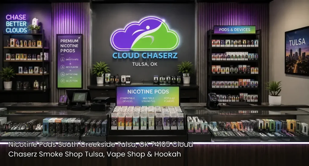 Illuminated retail display cases filled with premium nicotine pods Tulsa shoppers select for quality devices.