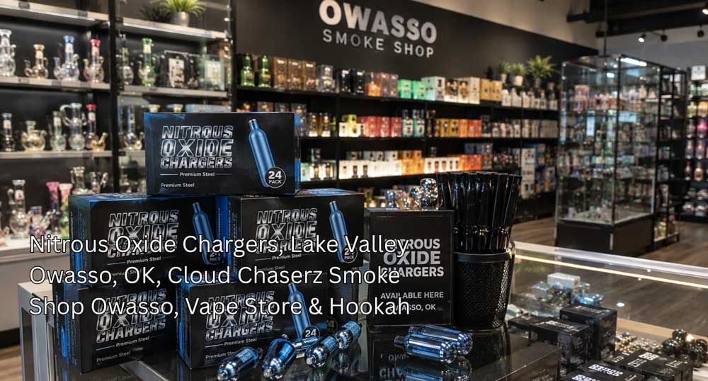 Premium steel nitrous oxide chargers owasso displayed on a glass counter inside a modern local smoke shop.