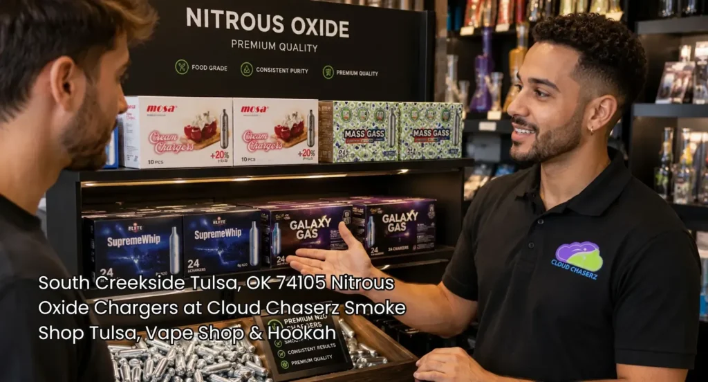 Store clerk presenting nitrous oxide chargers in Tulsa, showing Galaxy Gas and Mosa brands at Cloud Chaserz smoke shop. 