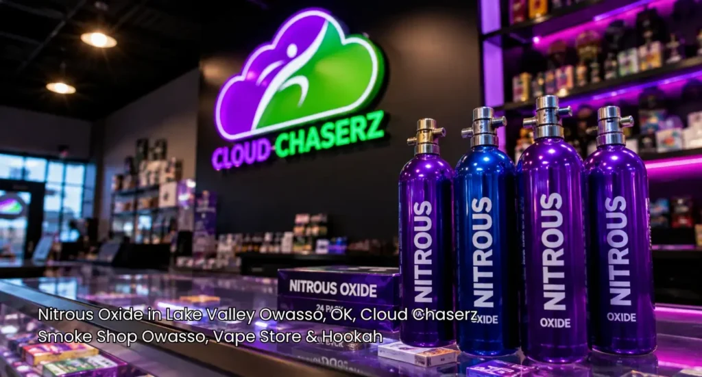 Purple nitrous oxide bottles displayed on glass counters inside a trusted supplier of nitrous oxide owasso relies on.