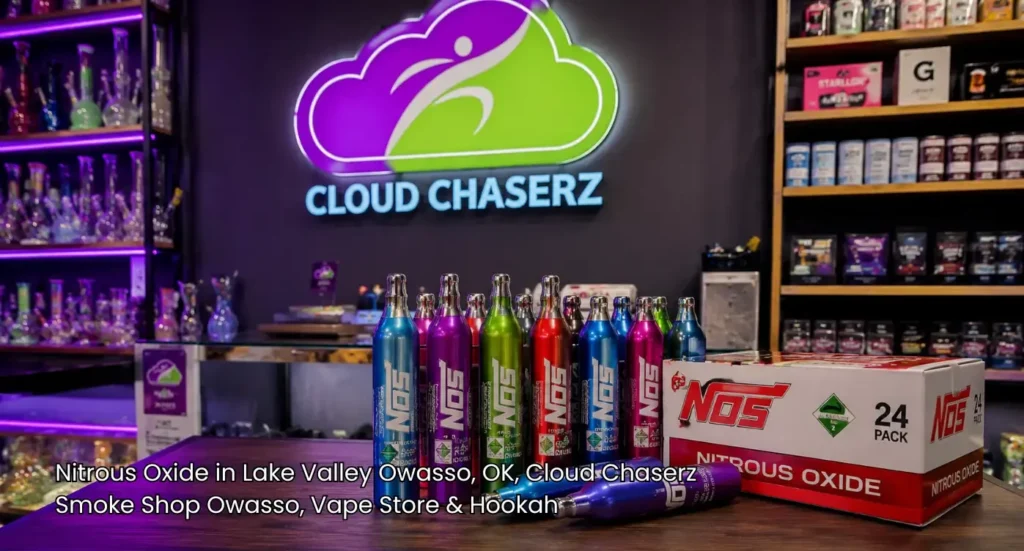 Colorful NOS canisters and boxed products available at a top retailer for nitrous oxide owasso area shoppers.