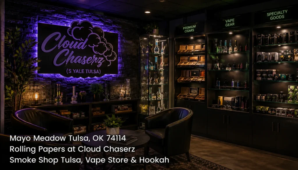 Stylish lounge seating area surrounded by lighted display cabinets featuring specialty goods and rolling papers Tulsa. 